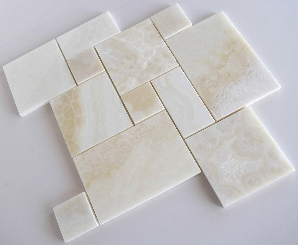 Premium White Onyx CROSS-CUT 4-Pieced OPUS Mini-Pattern Polished Mosaic Tile