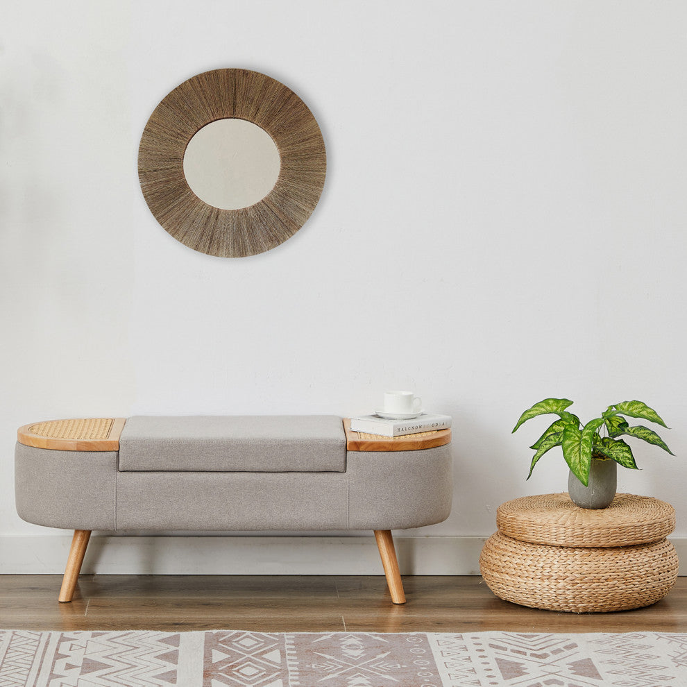 Wood Ottoman Storage Bench with Rattan,Linen Seat, Grey