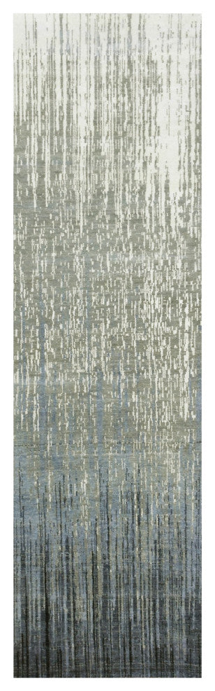 Gray and Blue Pure Wool Hand Knotted Modern Ombre Design Runner Rug, 2'6"x10'2"