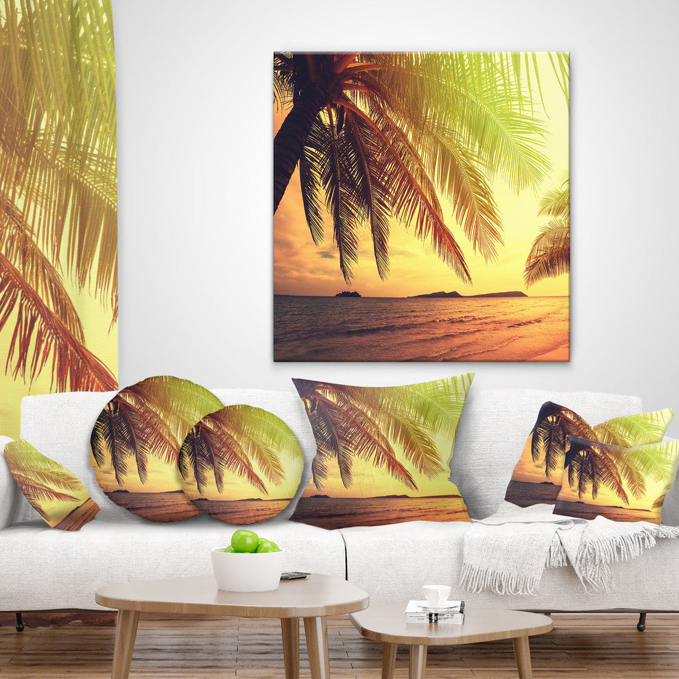 Tropical Beach With Green Palm Seashore Throw Pillow, 18"x18"