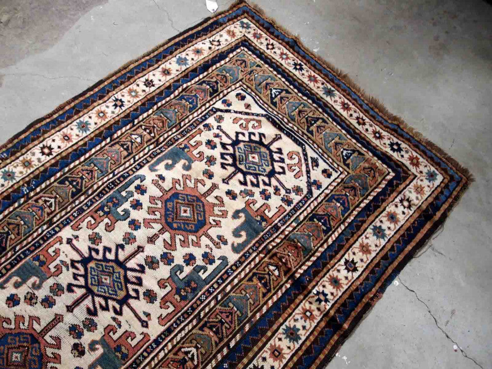 Handmade Antique Caucasian Kazak Rug, 4.2'x8.7', 128cmx265cm 1870s