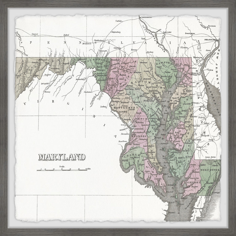 "Maryland Colored Map" Framed Painting Print, 24x24
