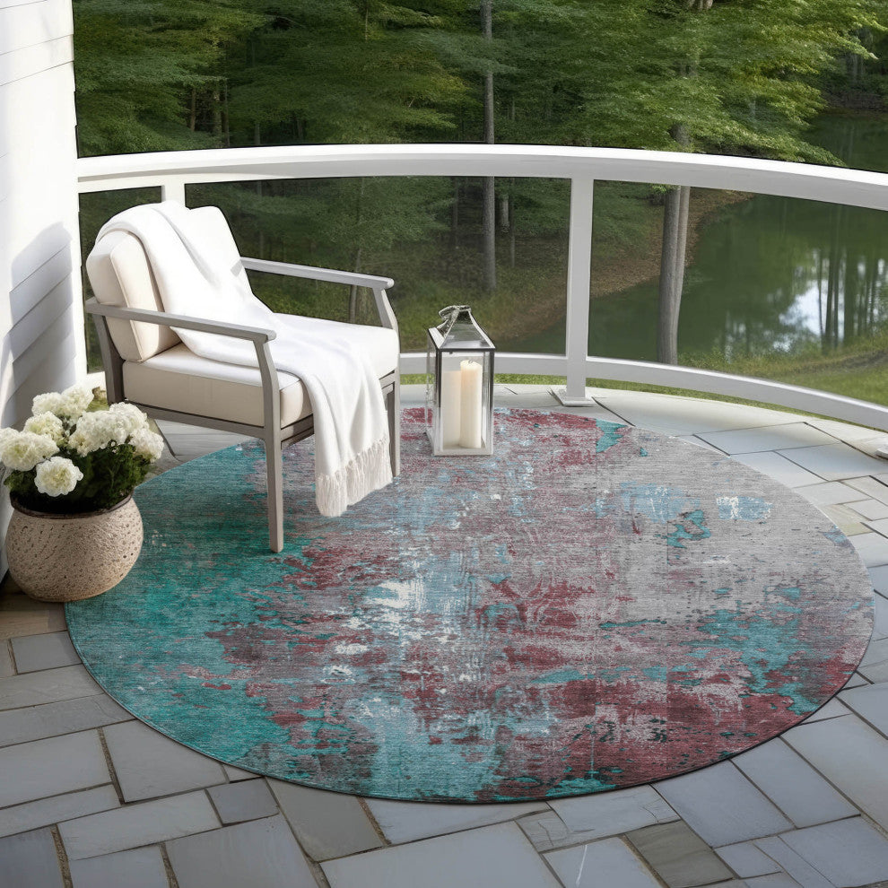 Machine Washable Indoor/Outdoor Chantille ACN1870 Teal 8' x 8' Round Rug