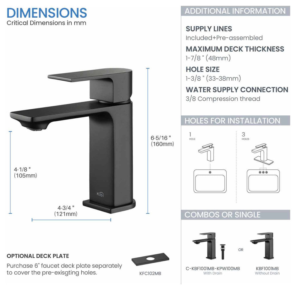 KIBI Mirage Single Handle Bathroom Faucet, Matte Black, With Drain