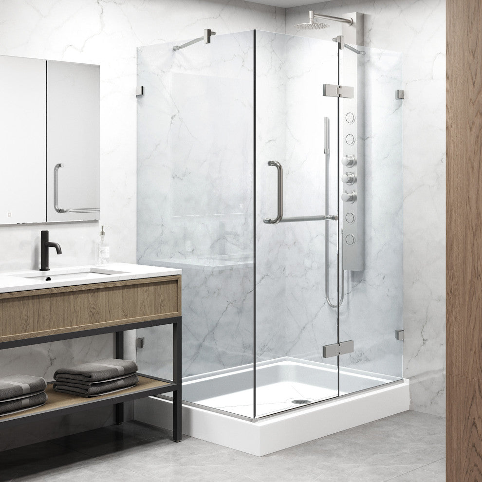 VIGO Monteray 32"D x 48"W x79"H Frameless Shower Enclosure, Nickel, Right Base