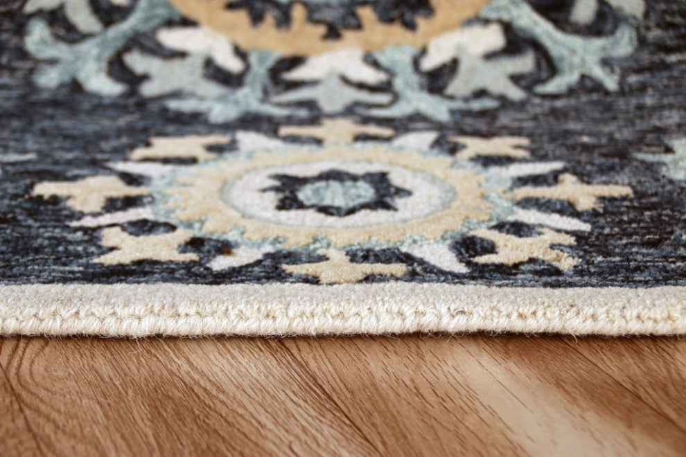 5" x 7" Blue and Beige Floral Disc Area Rug