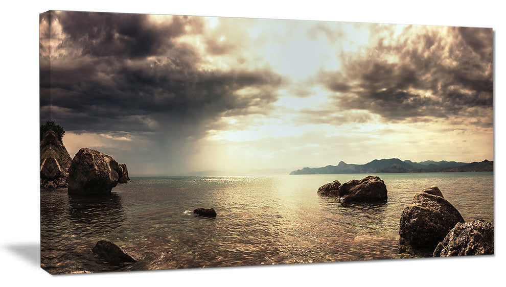 "Rocky Seashore Under Clouds Panorama" Modern Beach Wall Art, 1 Panel, 60"x28"