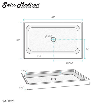 Voltaire 48"x36" Acrylic Black, Single-Threshold, Center Drain, Shower Base