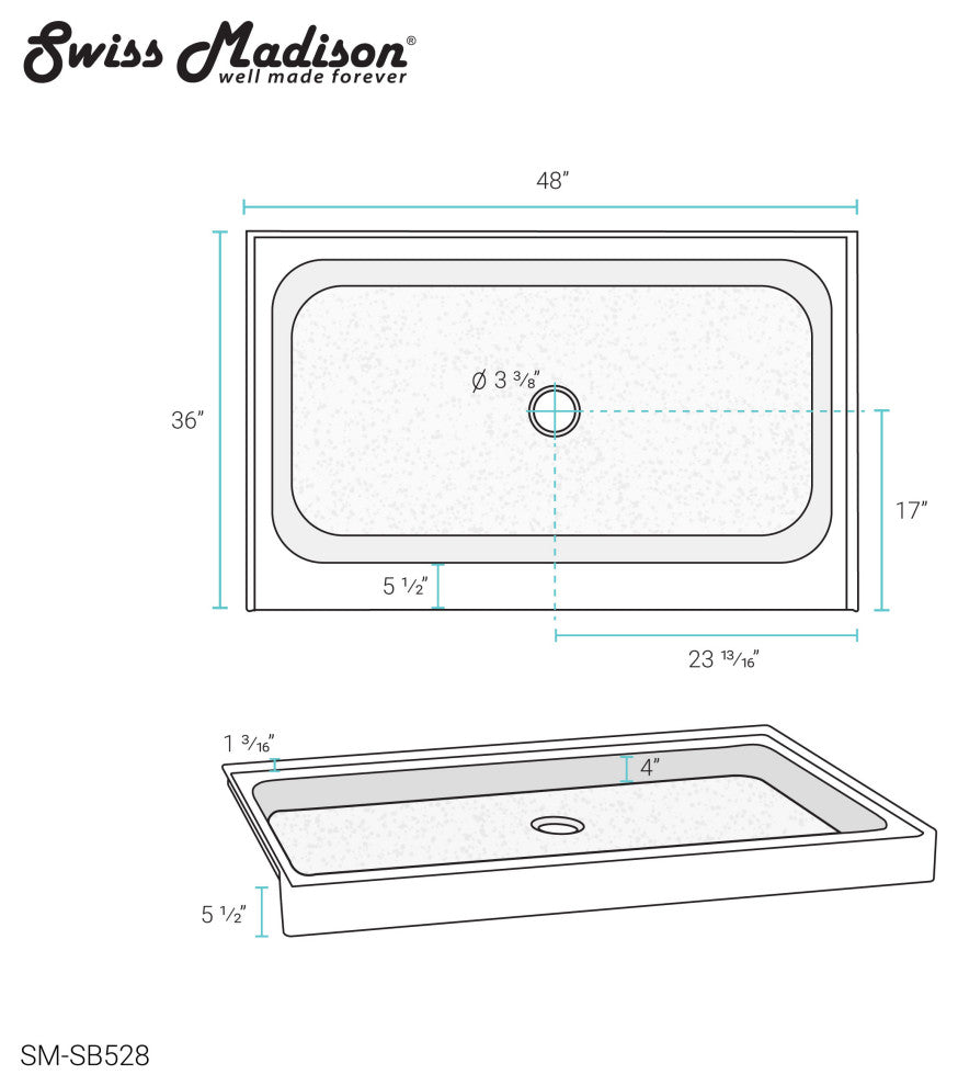 Voltaire 48"x36" Acrylic Black, Single-Threshold, Center Drain, Shower Base