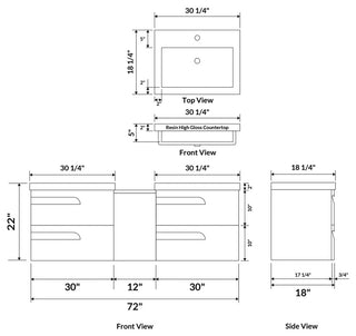 72" Wall-Mount White Vanity Set With Two Sinks, LV7-C14W-72W, Style 7