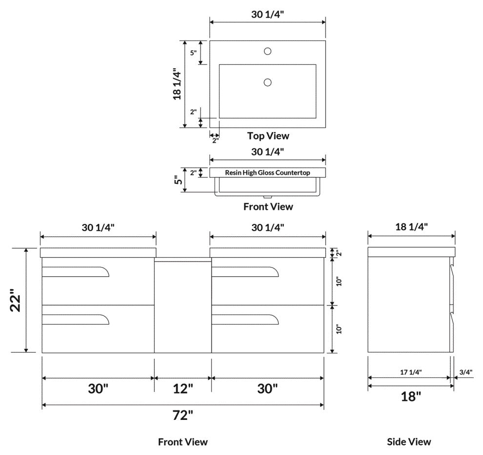 72" Wall-Mount White Vanity Set With Two Sinks, LV7-C14W-72W, Style 7