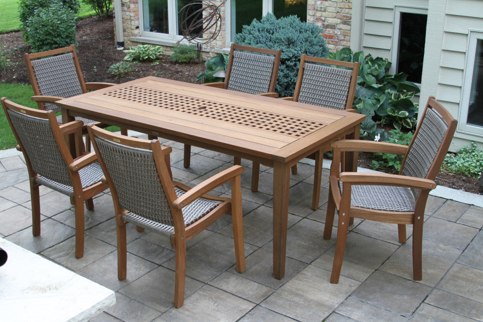 7-Piece Eucalyptus Checkerboard Dining Set With Wicker Chairs