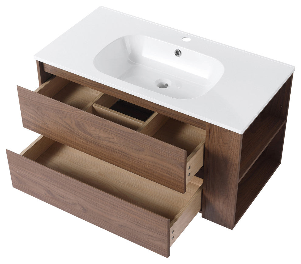 36" Plywood Wall Mounting Bath Vanity Set, Brown Oak, Gel Sink