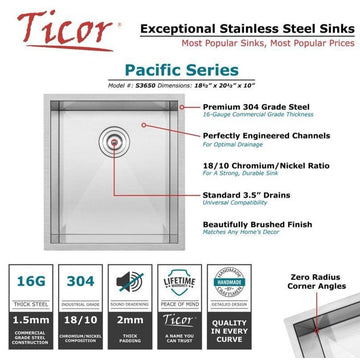 18.5" Zero Radius Undermount 16-Gauge Stainless Steel Kitchen and Bar Sink, Sink