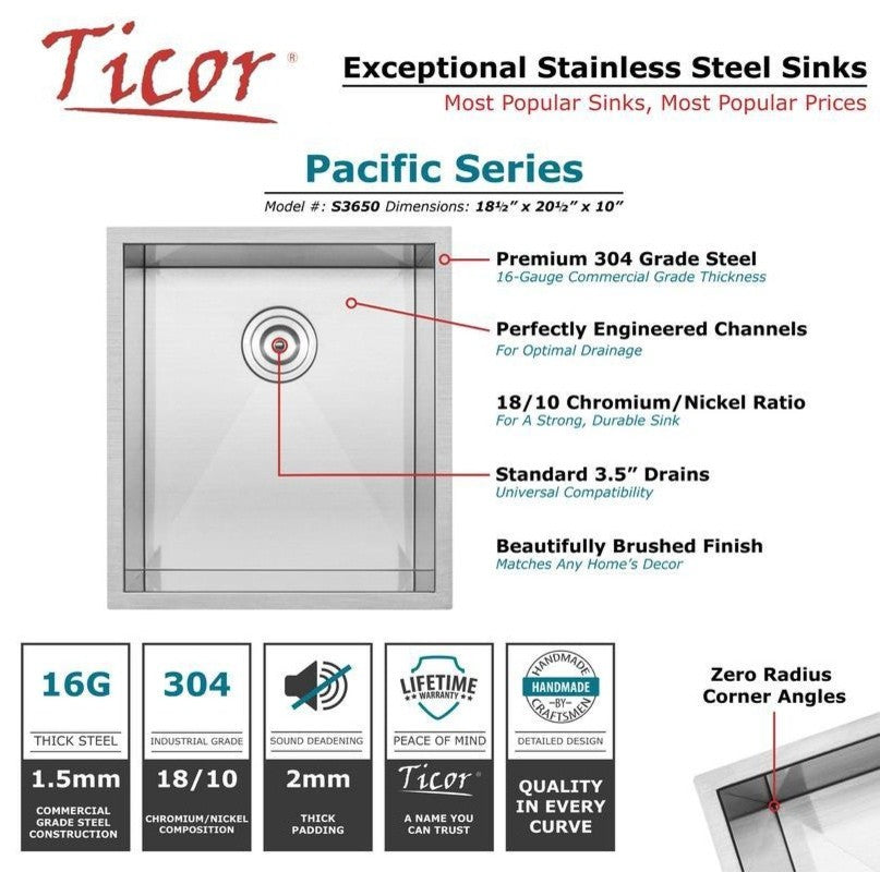 18.5" Zero Radius Undermount 16-Gauge Stainless Steel Kitchen and Bar Sink, Sink