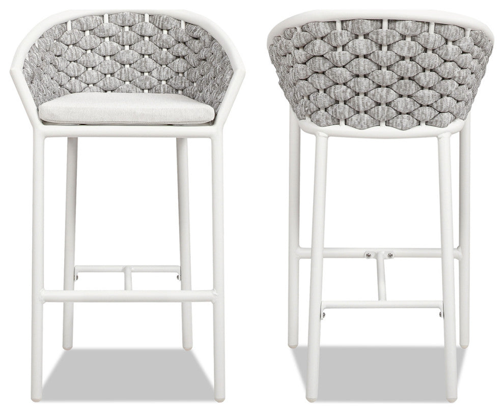 Rowan 27.5" Aluminum Rope Barrel Patio Counter Stool, Set of 2, Optic White Acrylic