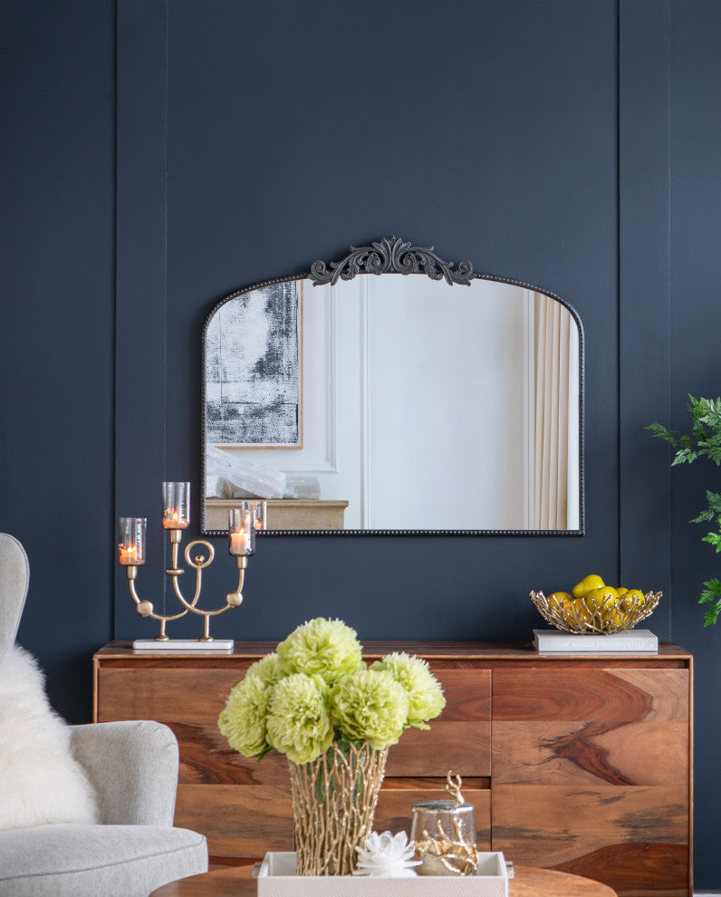 Gewnee 40"x31" Classic Design Gold Arch Mirror And Baroque Inspired Frame, Black