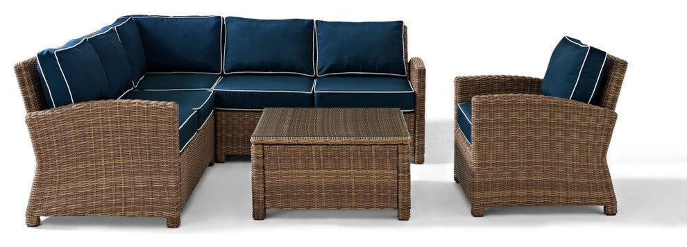 Bradenton 5-Piece Outdoor Wicker Seating Set With Navy Cushions