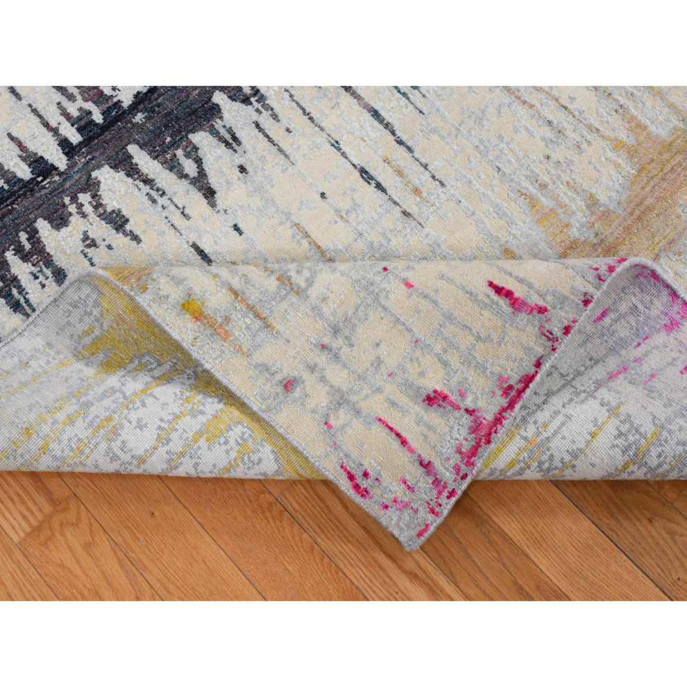 Cream Color The Cardiac Sari Silk With Textured Wool Hand Knotted Rug 8'x10'3"