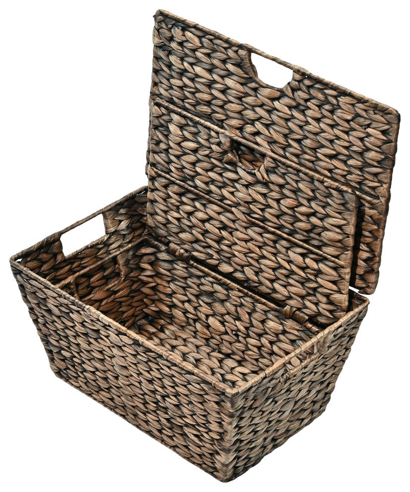 Wilder Woven Hyacinth Rectangular Storage Baskets With Lids, Handles, Set of 2