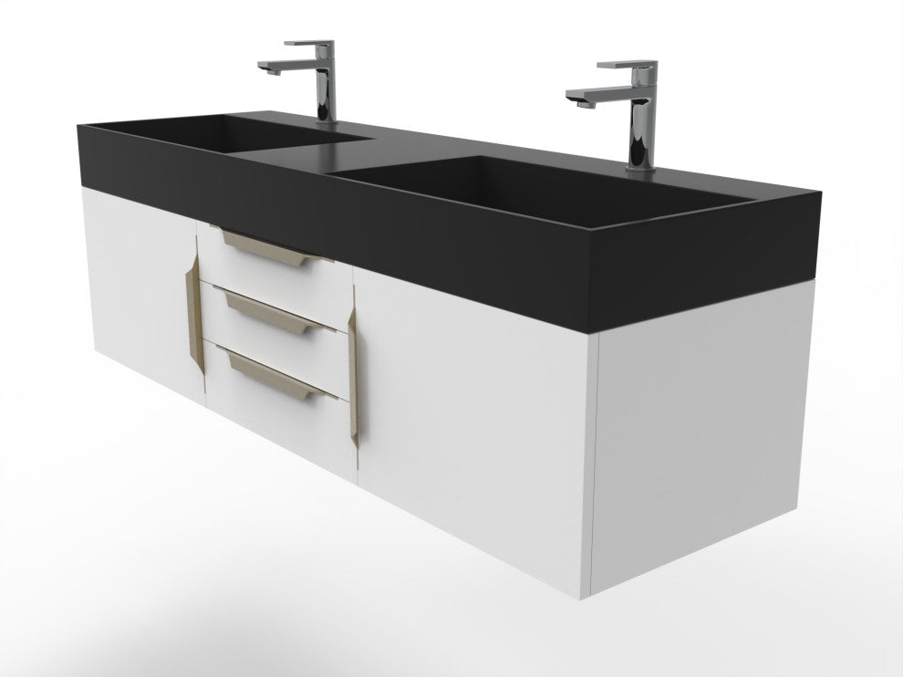 CastelloUSA Amazon 60" Wall Mounted Bathroom Vanity Set, White, Black Top, Gold Handles