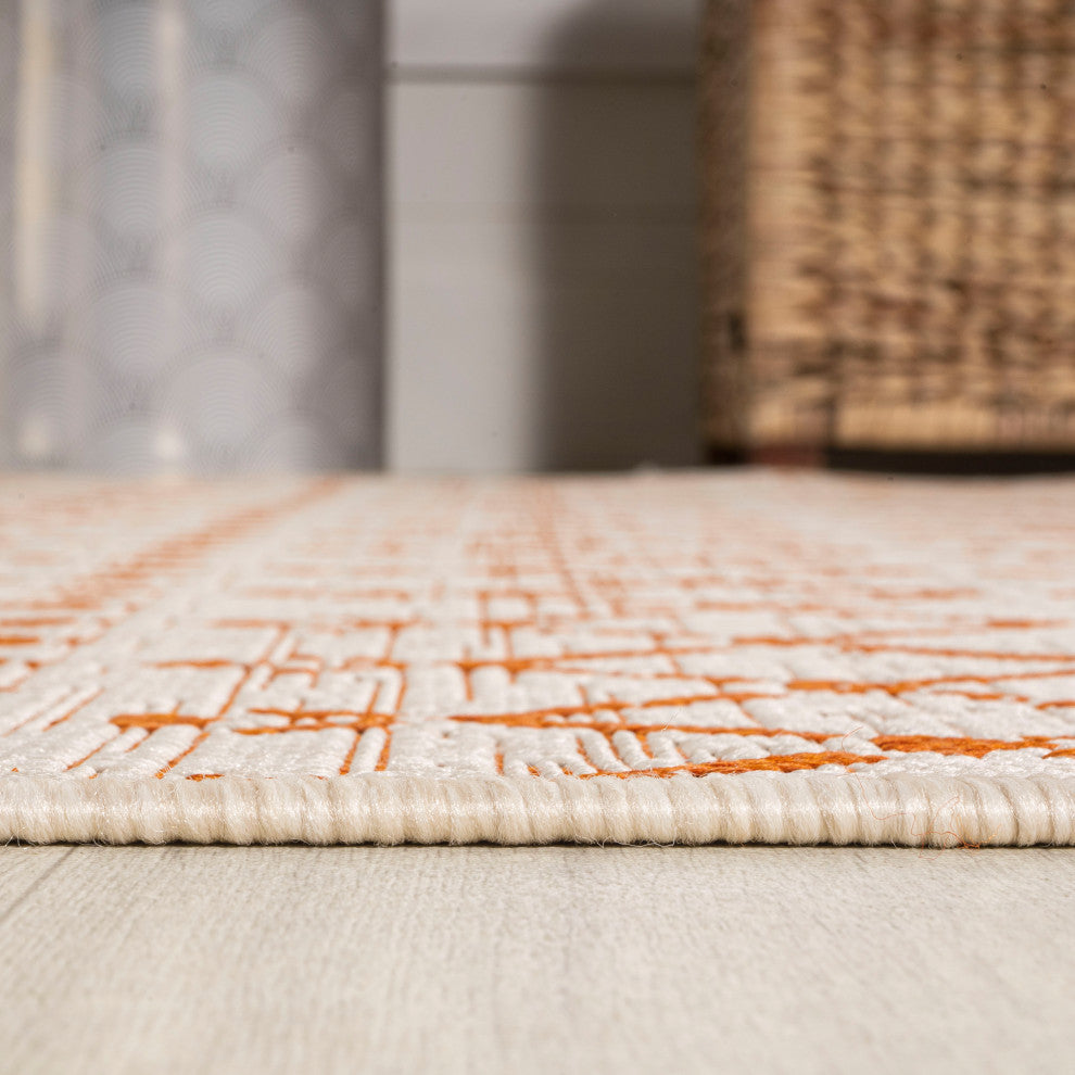 Ourika Moroccan Geometric Indoor/Outdoor Rug, Cream/Orange, 2x10