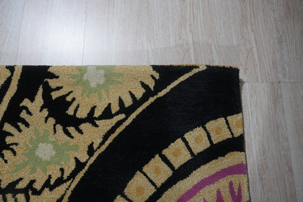 Hand-Tufted Wool Black Contemporary Abstract Paisley Rug, 7'9 Round
