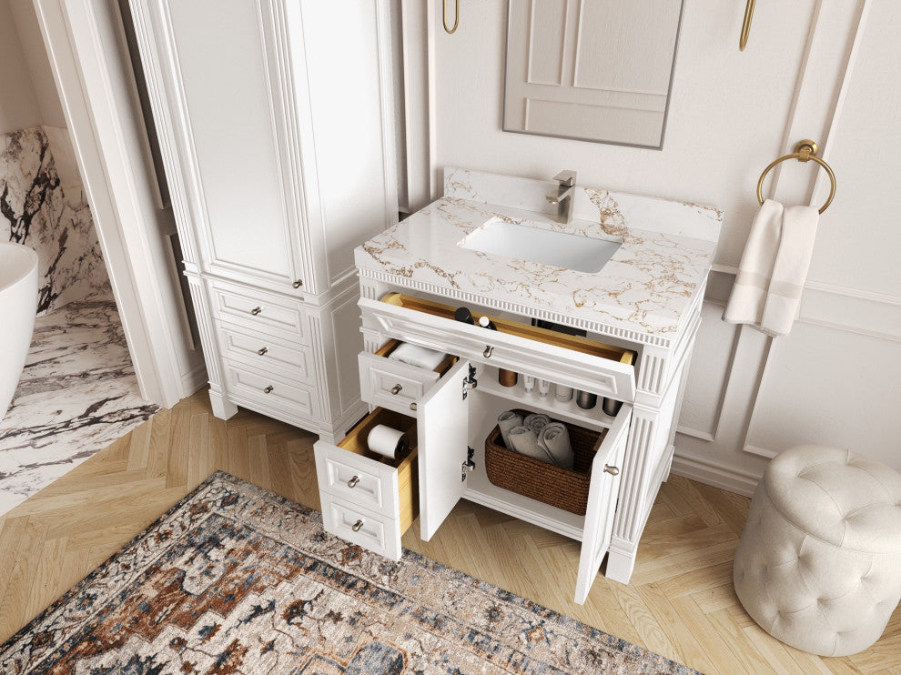 Paris 36" Center Sink Bathroom Vanity, White 2" Calacatta Nuvo