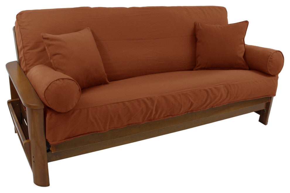 Solid Twill Full Futon Cover Set With 4 Throw Pillows, Spice