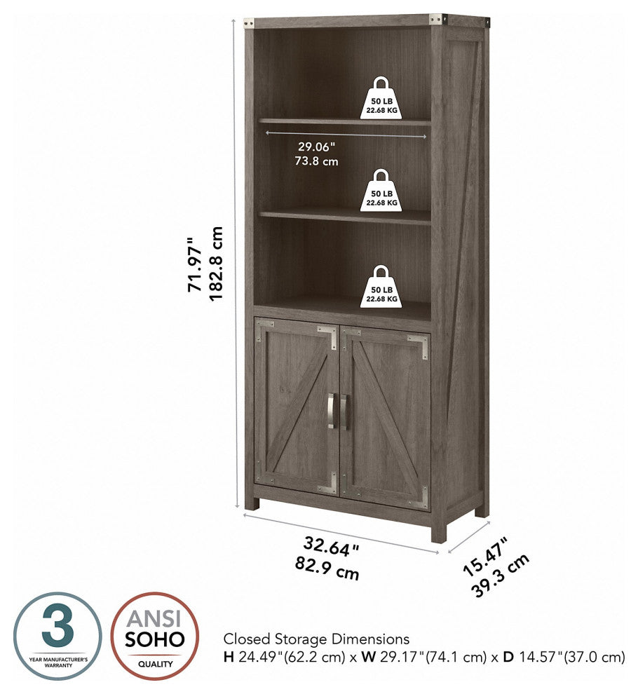 kathy ireland Home Cottage Grove Tall Bookcase With Doors, Restored Gray