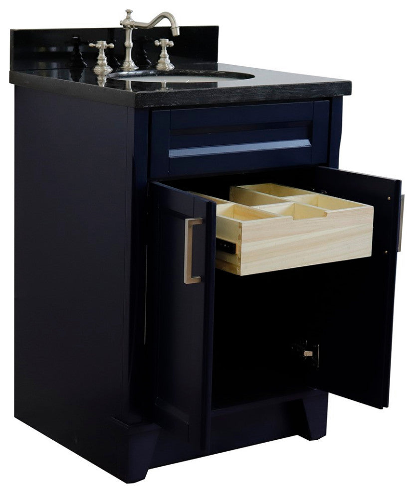 25" Single Sink Vanity, Blue Finish With Black Galaxy Granite And Oval Sink