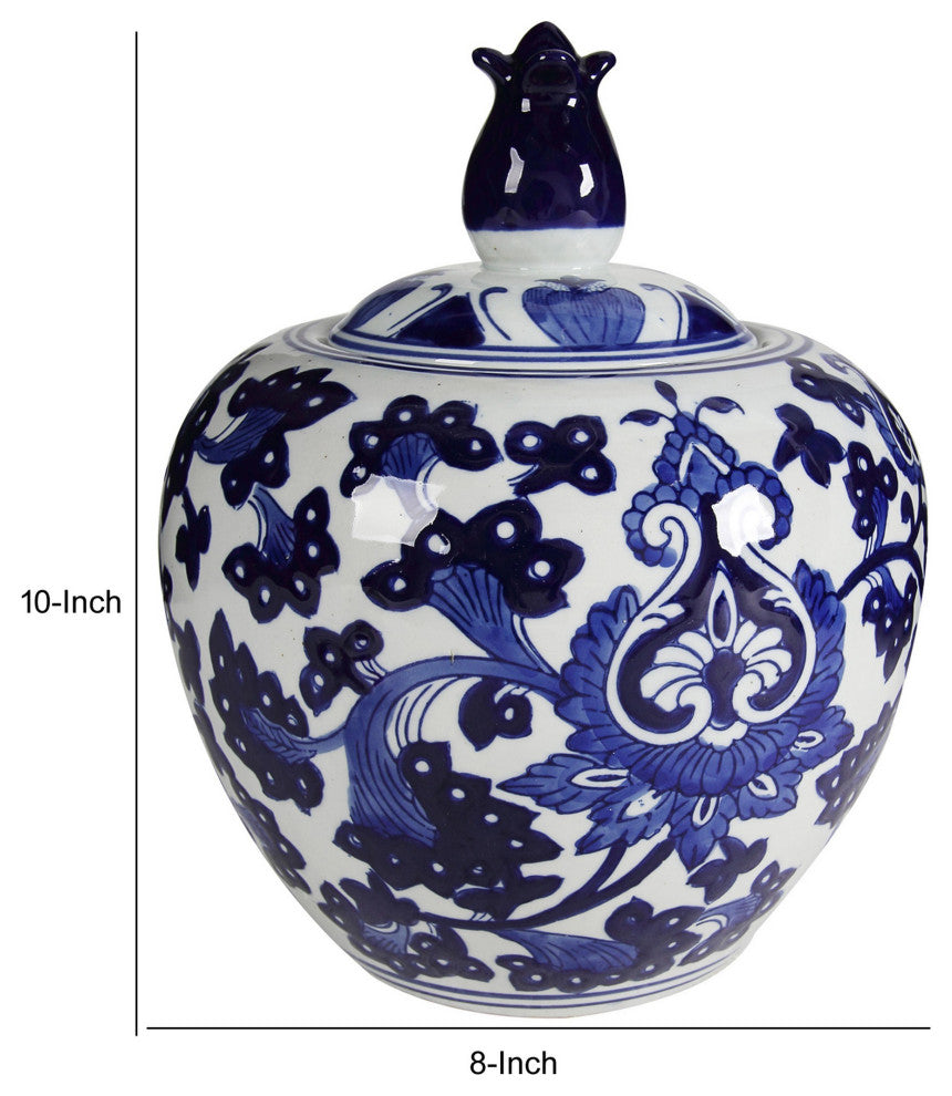 Benzara BM286406 10" Lidded Jar, Round Floral Print, Blue &White Porcelain