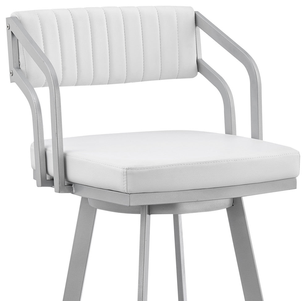 30" Timeless White Faux Leather Silver Finish Swivel Bar Stool