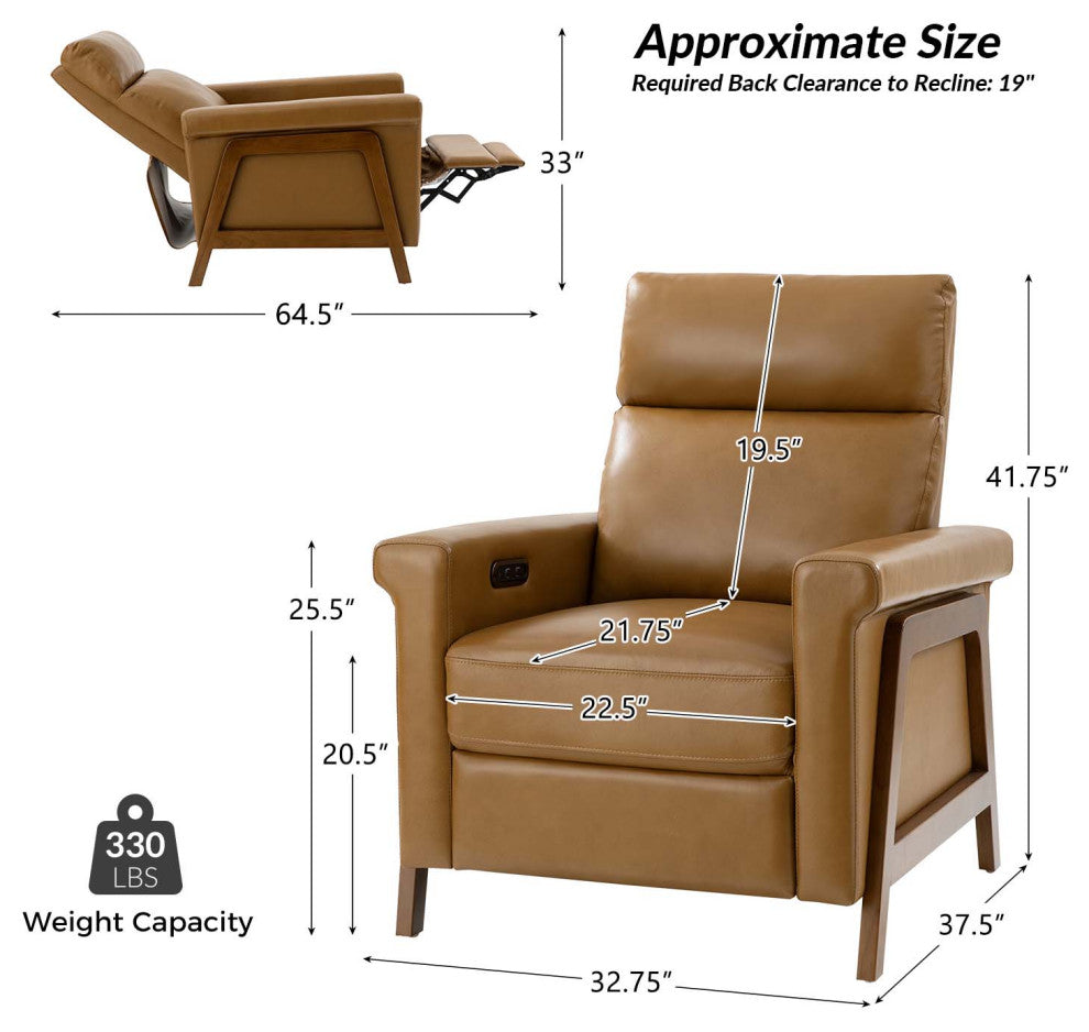 28.75"W Mid-Century Modern Style Genuine Leather Power Recliner, Camel