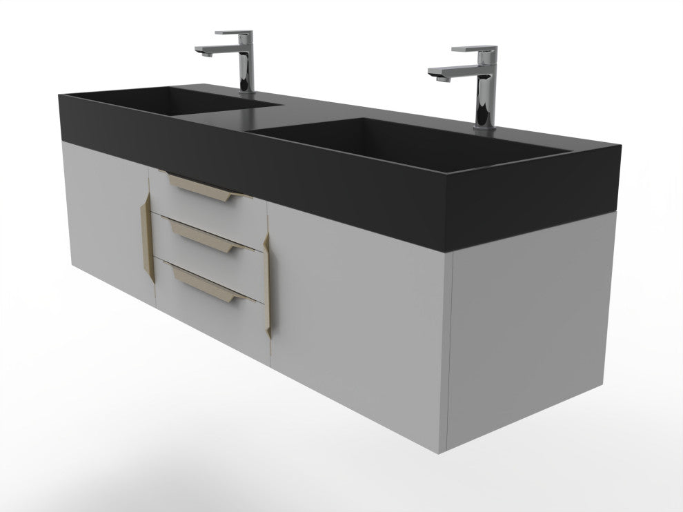 CastelloUSA Amazon 60" Wall Mounted Bathroom Vanity Set, Gray, Black Top, Gold Handles