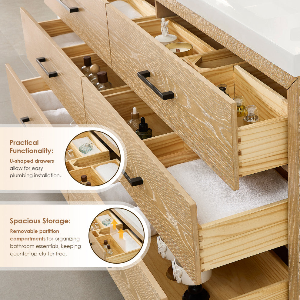 Sigrid Bathroom Vanity, White Oak, 60", With Mirror