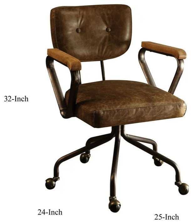 Swivel Office Chair, Metal Frame With Padded Leather Seat & Curved Arms, Whiskey