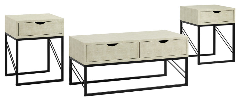 3 Piece Faux Shagreen Coffee Table and Side Tables - Off White