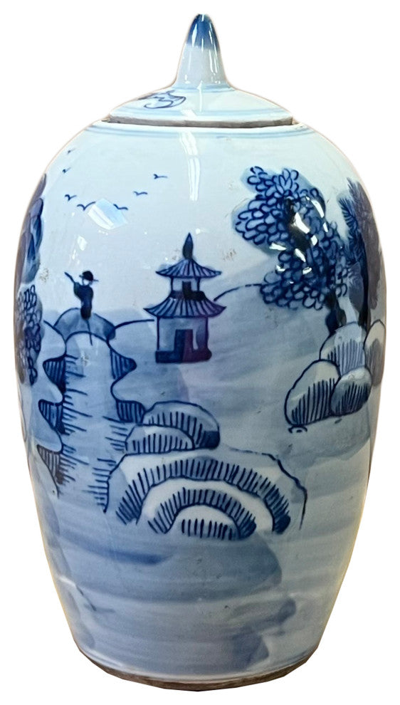 Lot of 2 Blue White Small Scenery Graphic Porcelain Point Lid Jars Hws2514