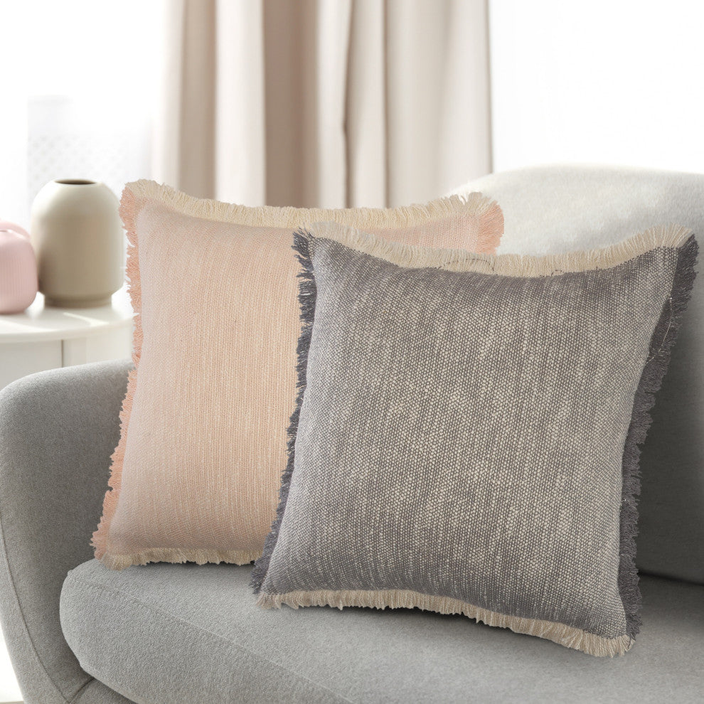 Two-Tone Cotton Throw Pillow with Fringe, Gray, 20" X 20"
