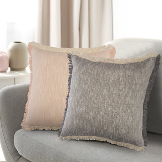 Two-Tone Cotton Throw Pillow with Fringe, Gray, 20" X 20"