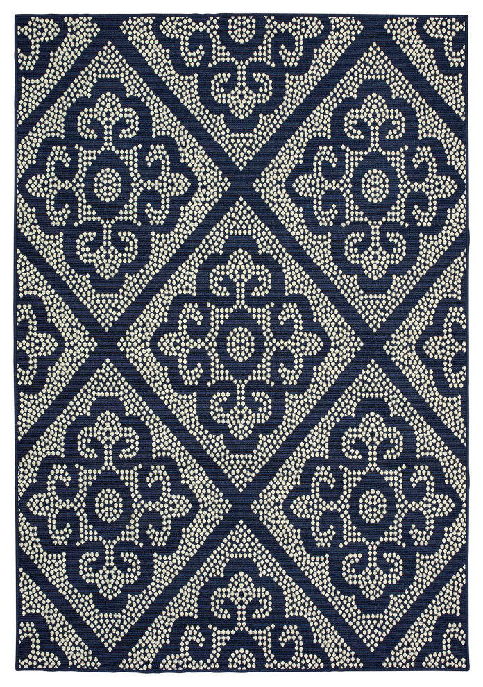 Martinique Floral Scroll Lattice Navy/ Ivory Indoor/Outdoor Area Rug, 3'7"X5'6"