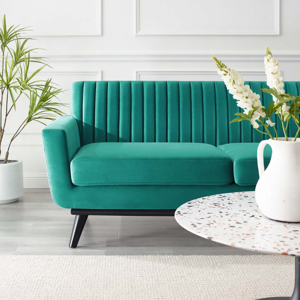 Tufted Loveseat Sofa, Velvet, Teal Blue, Modern, Living Lounge Hotel Hospitality
