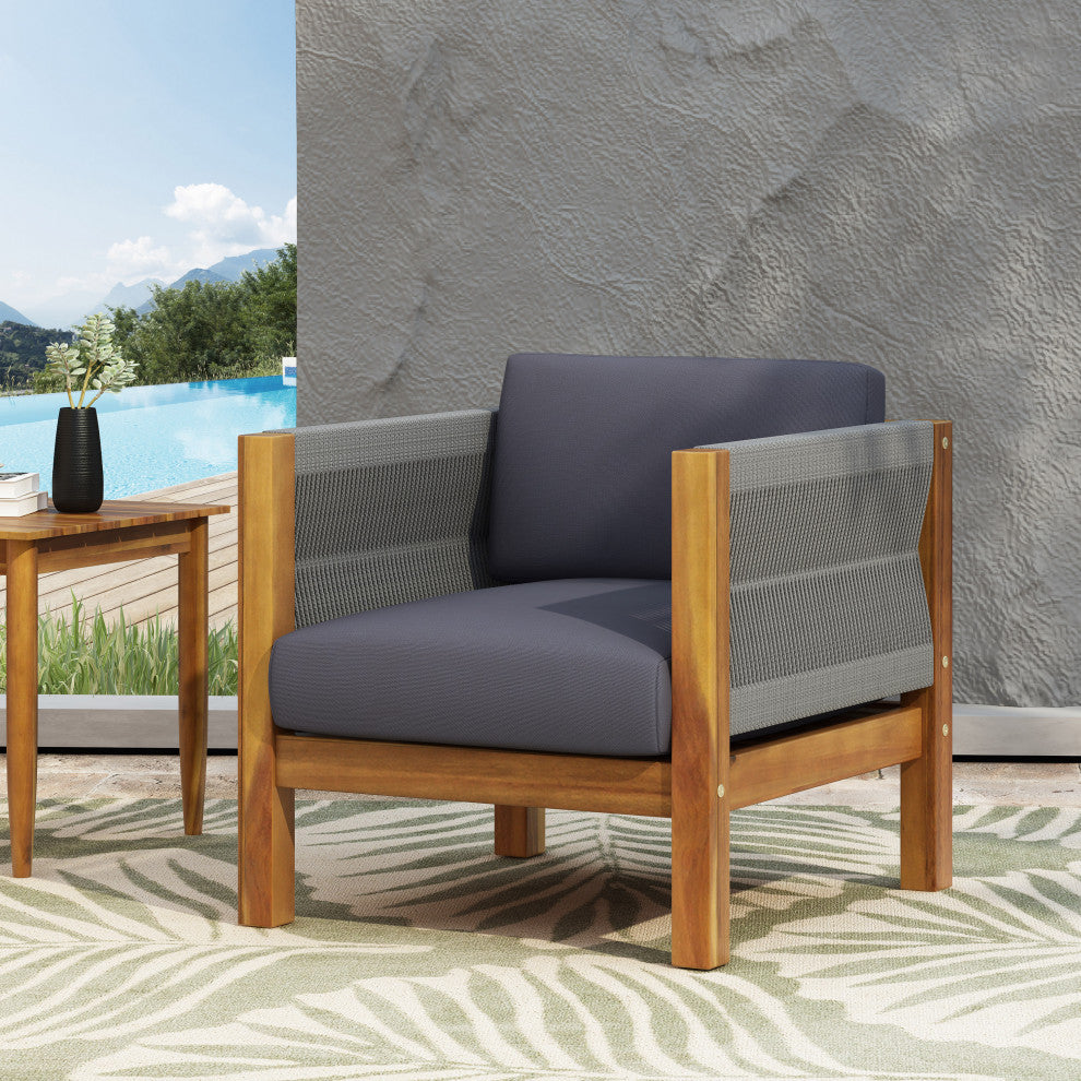 Charlotte Outdoor Acacia Wood and Rope Club Chair, Single