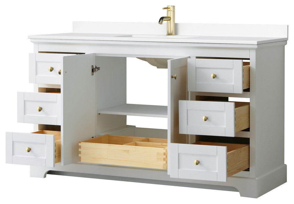 60" Single Bath Vanity, White, White Cult. Marble Countertop, Sink, Gold Trim