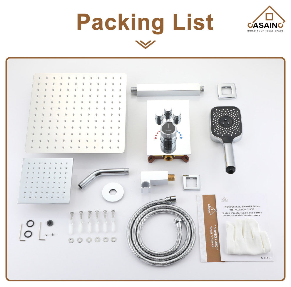 CASAINC 12" Ceiling Mounted Rainfall Shower System Set w Dual Shower Head, Chrome