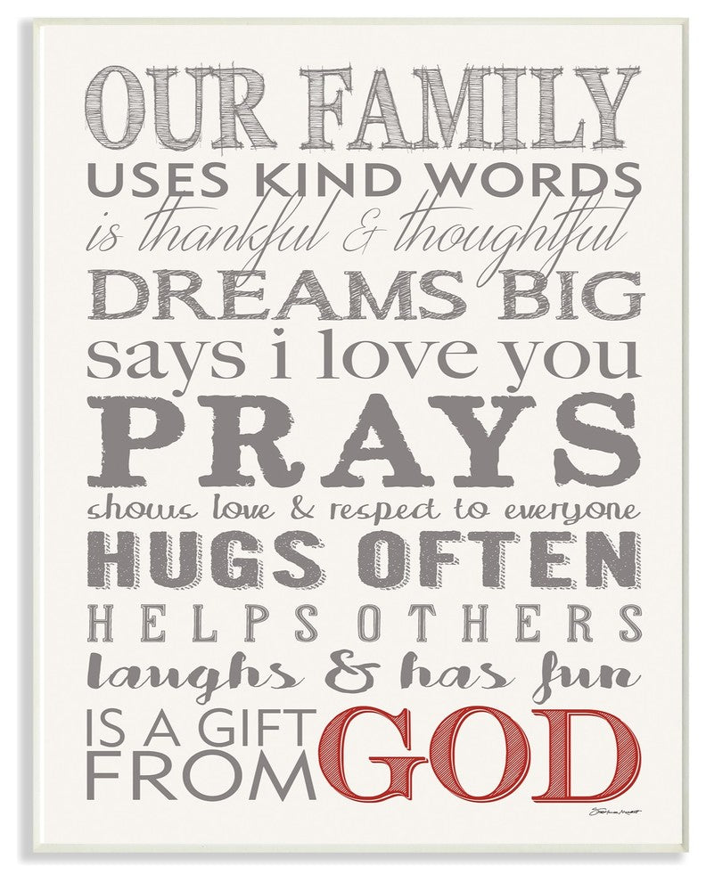 Our Family Dream Pray Gray Red & White Typography Wall Plaque Art, 13"x19"