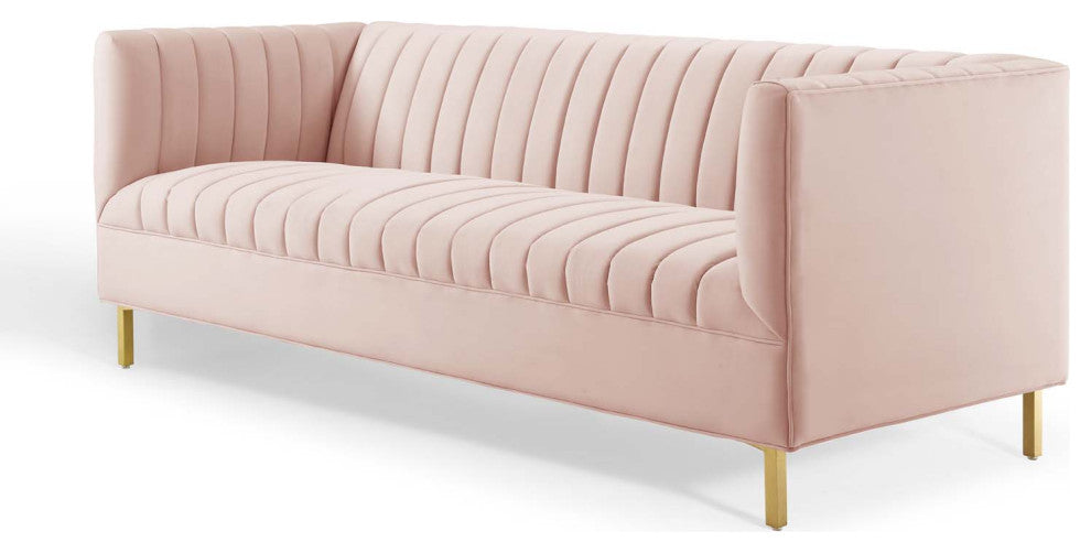 Tufted Sofa, Velvet, Pink, Modern, Living Lounge Room Hotel Lobby Hospitality