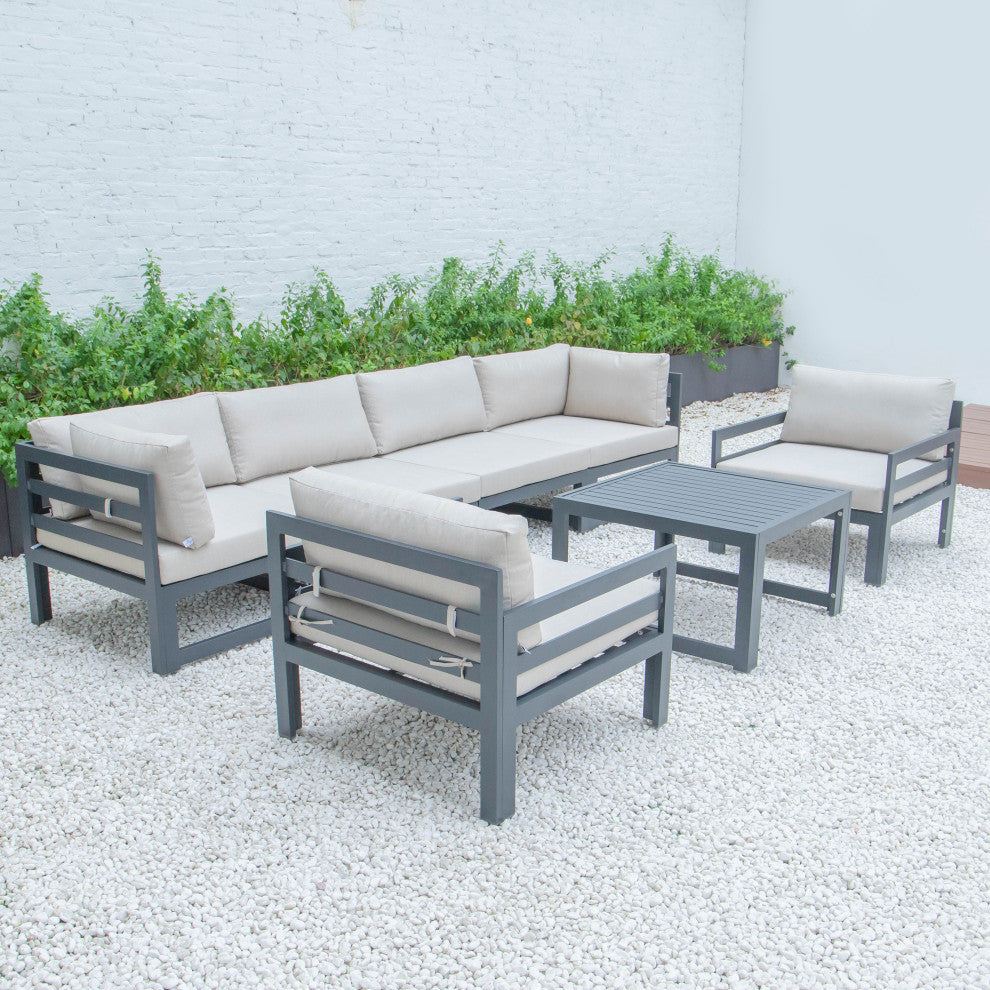 LeisureMod Chelsea 7-Piece Patio Sectional With Coffee Table, Beige