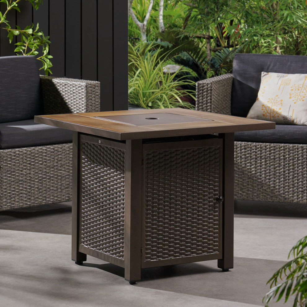 Larry Outdoor 40,000 BTU Iron Square Fire Pit, Dark Brown/Brown Wood Grain